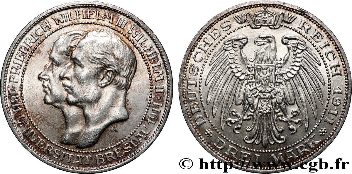 GERMANY - PRUSSIA 3 Mark Frédéric-Guillaume II et Guillaume II, 100e anniversaire de l’Université de Breslau 1911 Berlin MS