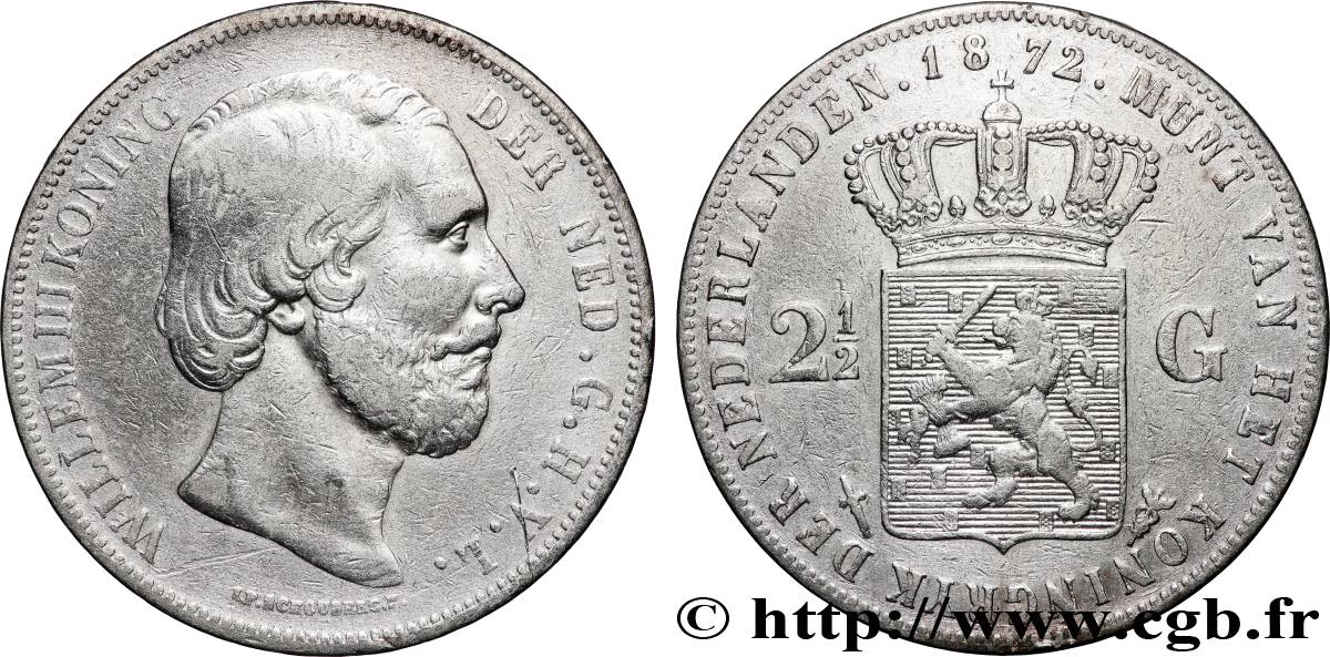 NETHERLANDS - KINGDOM OF THE NETHERLANDS - WILLIAM III 2 1/2 Gulden 1872 Utrecht XF