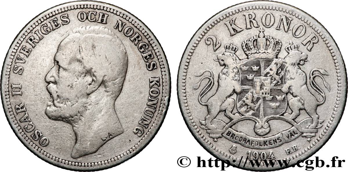 SWEDEN 2 Kronor Oscar II roi de Suède et de Norvège 1904 VF