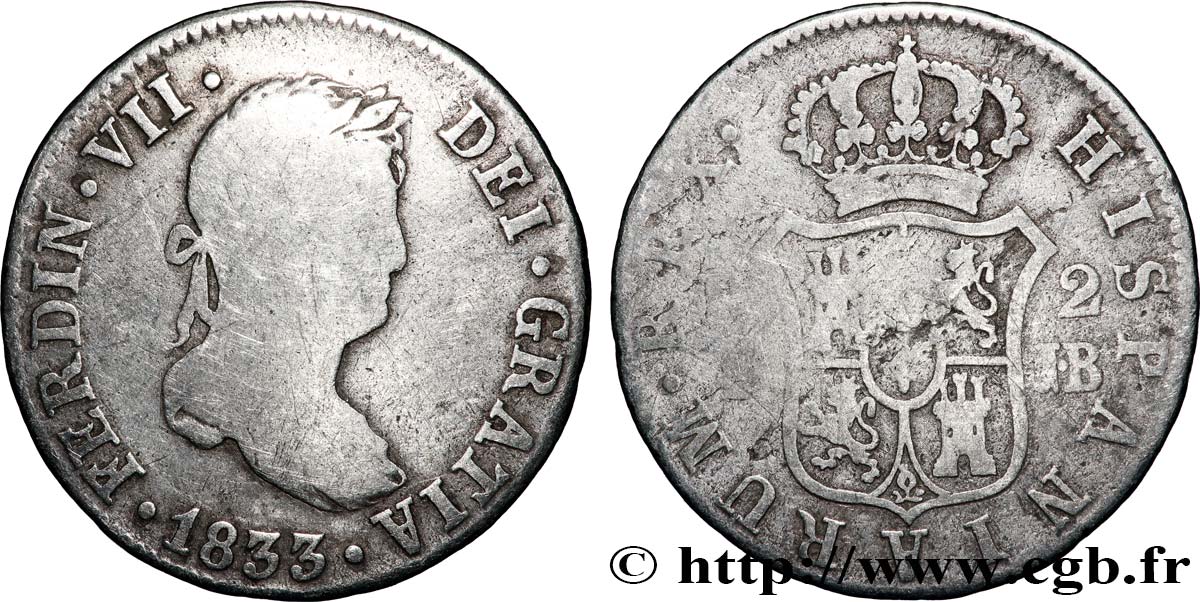 ESPAGNE - ROYAUME D ESPAGNE - FERDINAND VII 2 Reales 1833 Séville B+