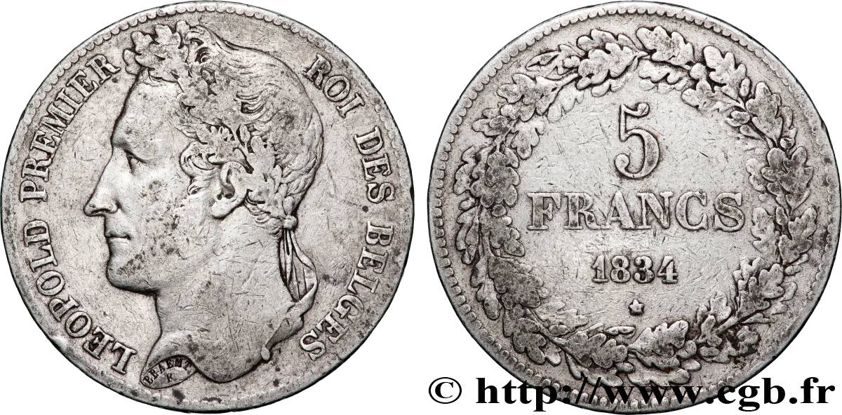 BELGIUM - KINGDOM OF BELGIUM - LEOPOLD I 5 Francs Léopold Ier, tête laurée 1834 Bruxelles VF