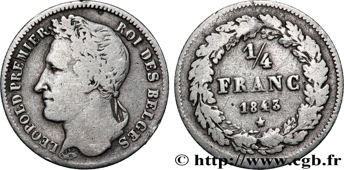 BELGIUM - KINGDOM OF BELGIUM - LEOPOLD I 1/4 Franc tête laurée 1843 VF