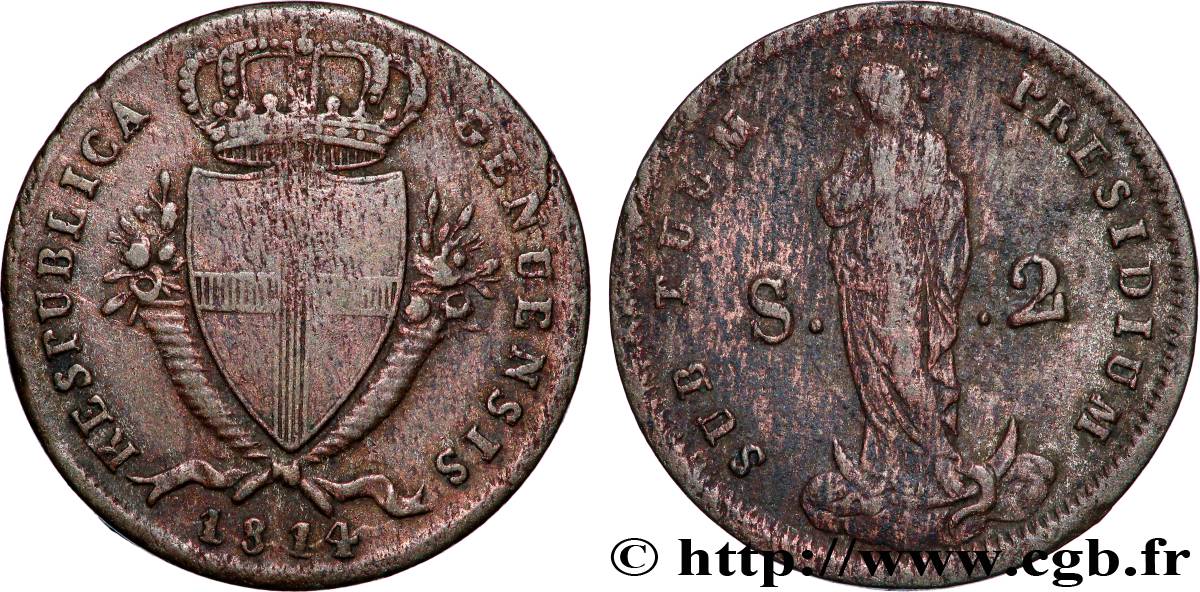 ITALIE - RÉPUBLIQUE DE GÊNES 2 Soldi 1814 TB+