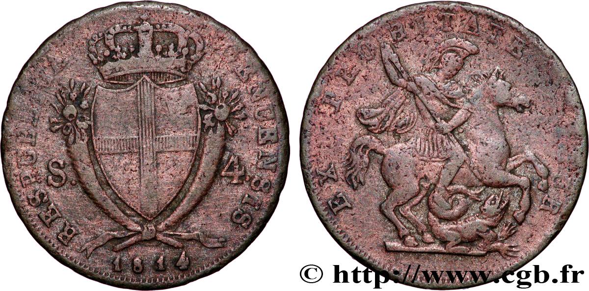 ITALY - REPUBLIC OF GENOA 4 Soldi République Gênoise 1814 Gênes VF