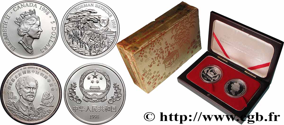 CHINE Coffret 10 Yuan et 5 Dollars Proof Norman Bethune 1998 FDC