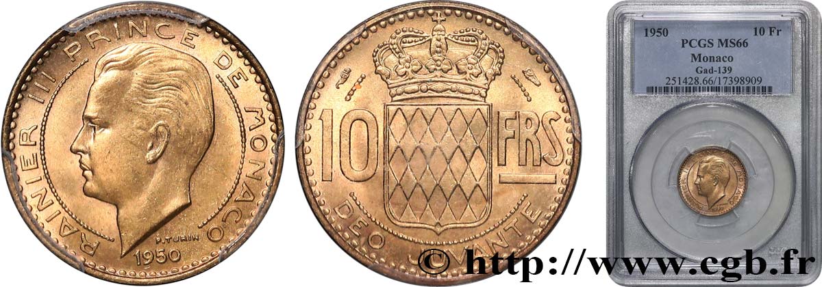 MONACO - PRINCIPAUTÉ DE MONACO - RAINIER III 10 Francs 1950 Paris FDC66 PCGS