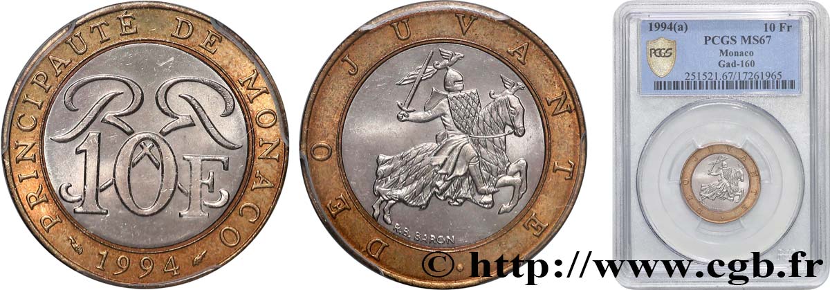 MONACO - PRINCIPAUTÉ DE MONACO - RAINIER III 10 Francs 1994 Paris FDC67 PCGS