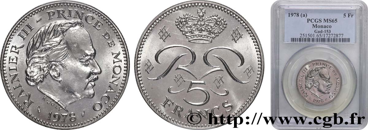 MONACO - PRINCIPAUTÉ DE MONACO - RAINIER III 5 Francs 1978 Paris FDC65 PCGS