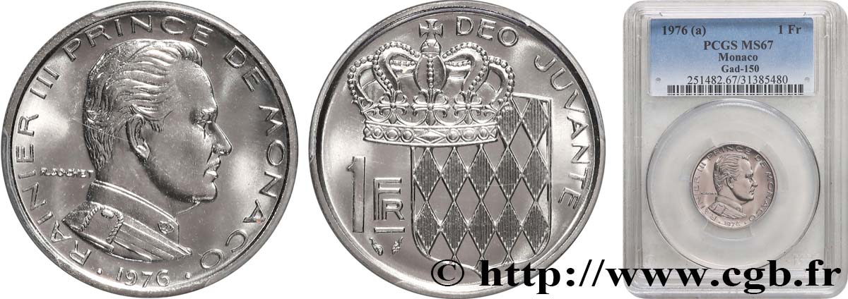 MONACO - PRINCIPAUTÉ DE MONACO - RAINIER III 1 Franc 1976 Paris FDC67 PCGS