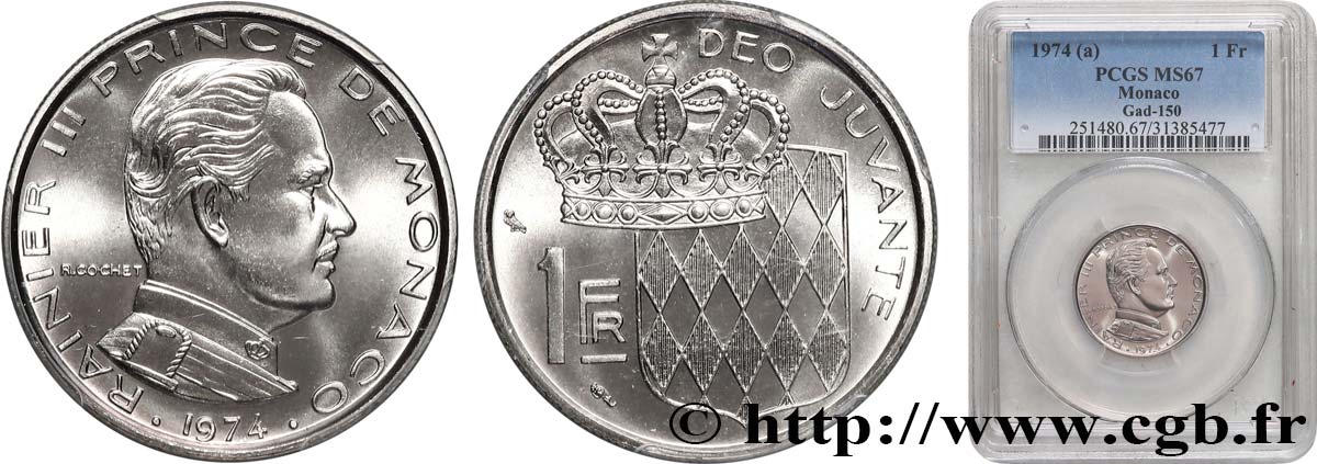 MONACO - PRINCIPATO DI MONACO - RANIERI III 1 Franc 1974 Paris FDC67 PCGS