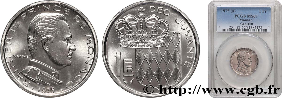 MONACO - PRINCIPAUTÉ DE MONACO - RAINIER III 1 Franc 1975 Paris FDC67 PCGS