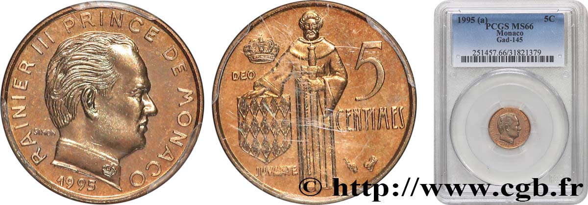 MONACO - PRINCIPAUTÉ DE MONACO - RAINIER III 5 Centimes 1995 Paris FDC66 PCGS