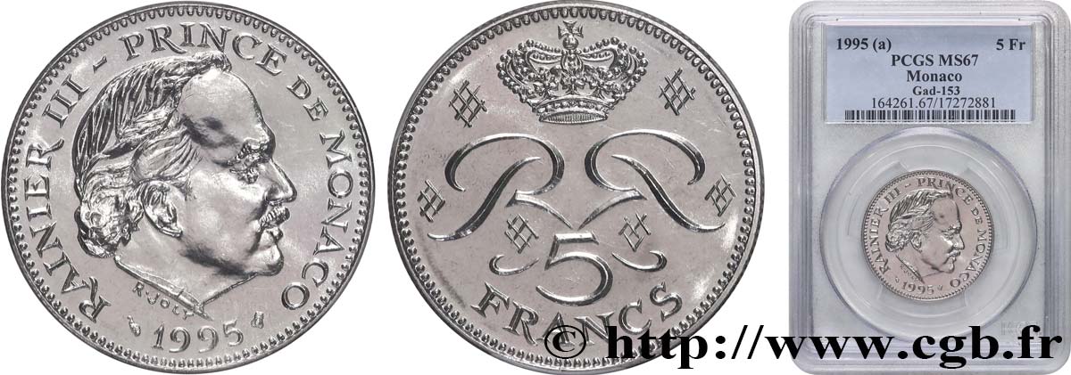 MONACO - PRINCIPALITY OF MONACO - RAINIER III 5 Francs 1995 Paris MS67 PCGS