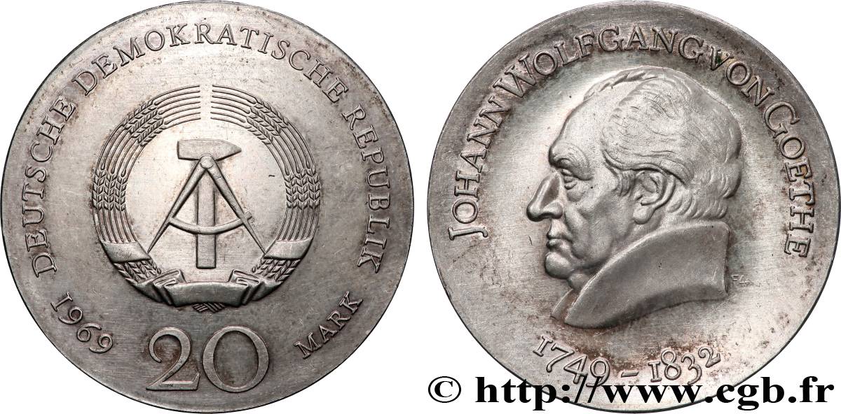 GERMAN DEMOCRATIC REPUBLIC 20 Mark Johann Wolfgang Von Goethe 1969 Berlin AU