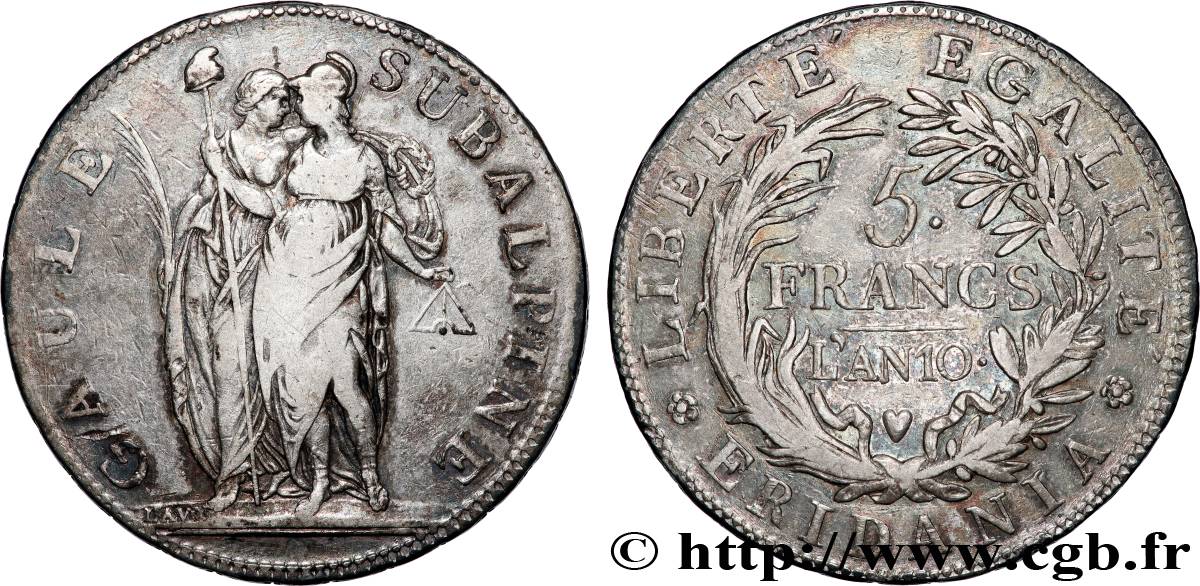 ITALIA - GALLIA SUBALPINA 5 Francs an 10 1802 Turin MBC