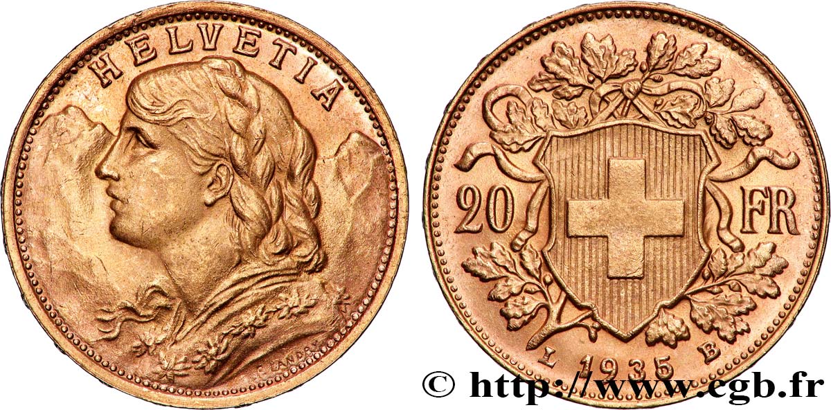 OR, PALLADIUM ET PLATINE INVESTISSEMENT 20 Francs Vreneli 1935 Berne SUP