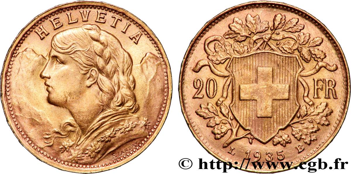 OR, PALLADIUM ET PLATINE INVESTISSEMENT 20 Francs Vreneli 1935 Berne SUP