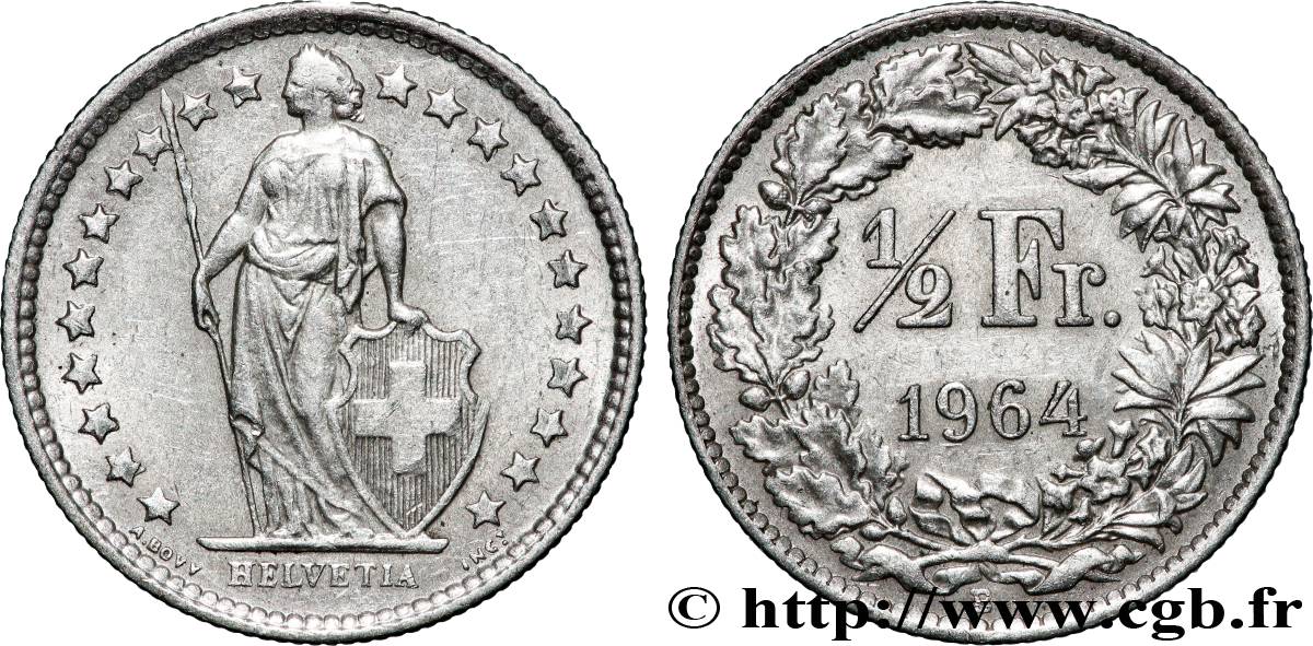SWITZERLAND 1/2 Franc Helvetia 1964 Berne AU