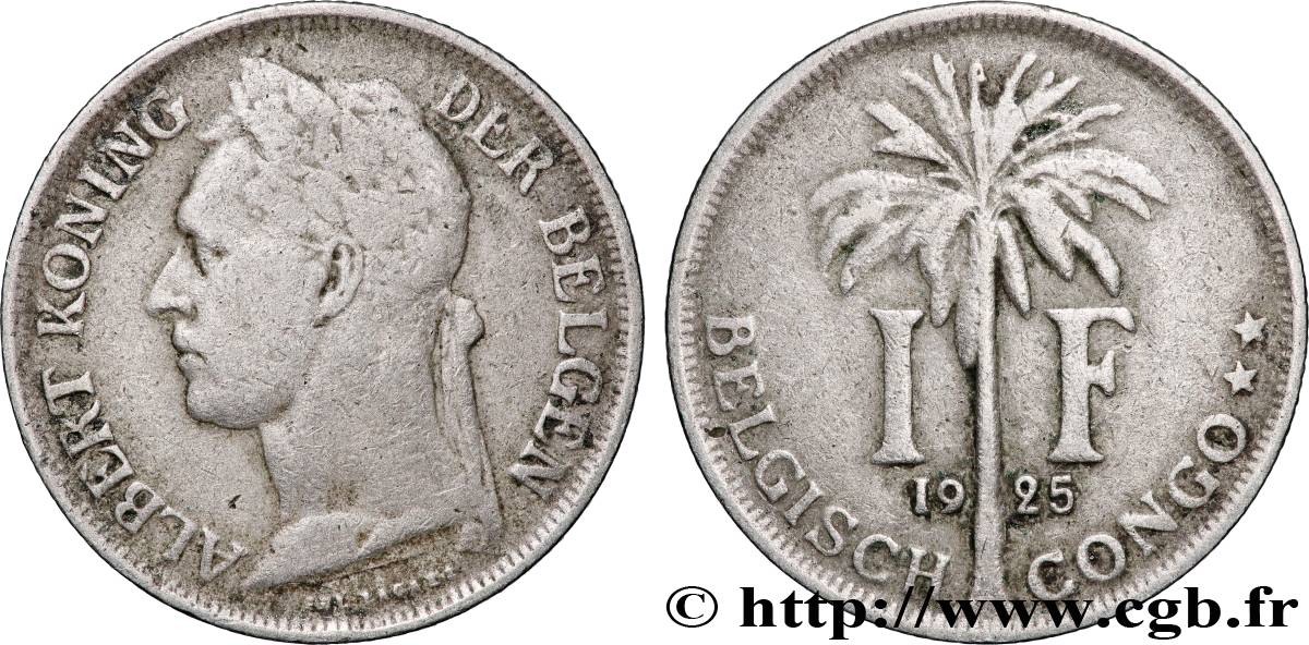 CONGO BELGE 1 Franc roi Albert légende flamande 1925 TB