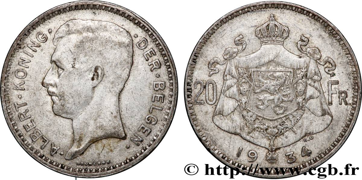 BELGIEN 20 Franken (Francs) Albert Ier légende Flamande 1934 Bruxelles SS