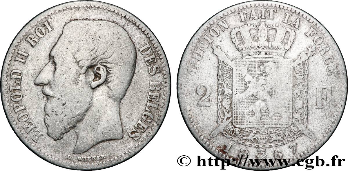 BELGIQUE 2 Francs Léopold II légende française 1867 Bruxelles TB