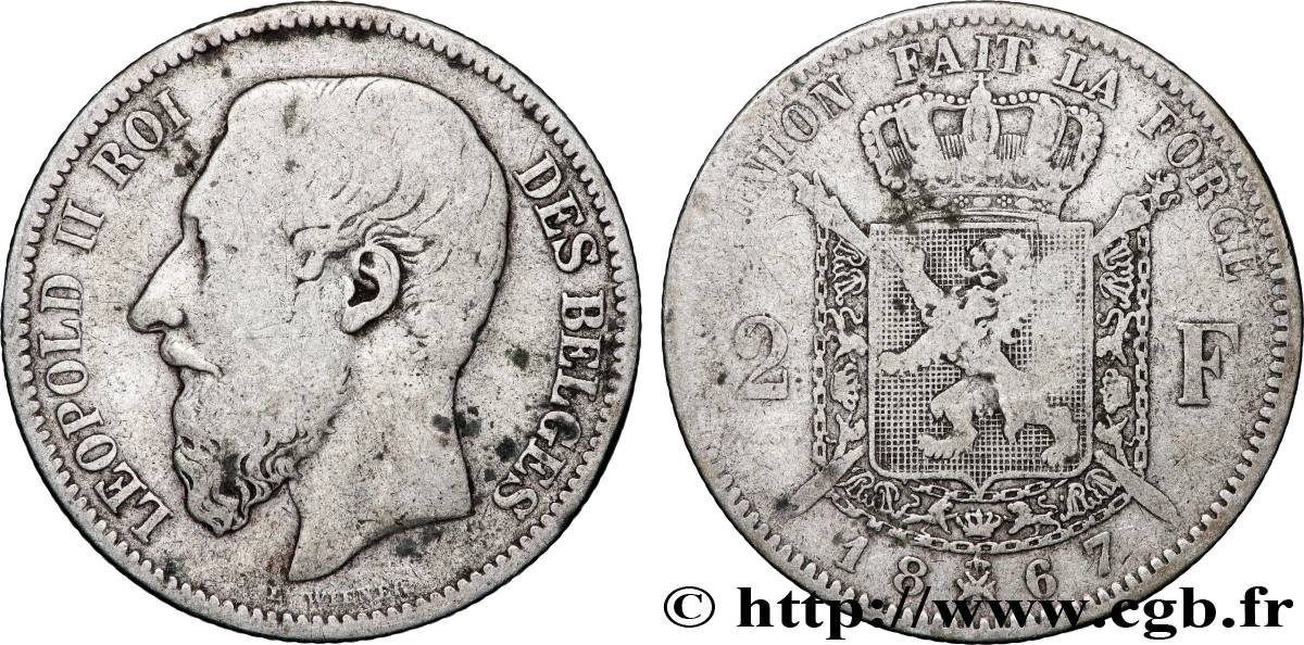 BELGIQUE 2 Francs Léopold II légende française 1867 Bruxelles TB+