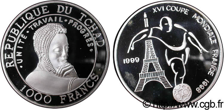 TCHAD 1000 Francs BE XVI Coupe du Monde de Football 1998 - tour Eiffel et joueur de football 1999  FDC 