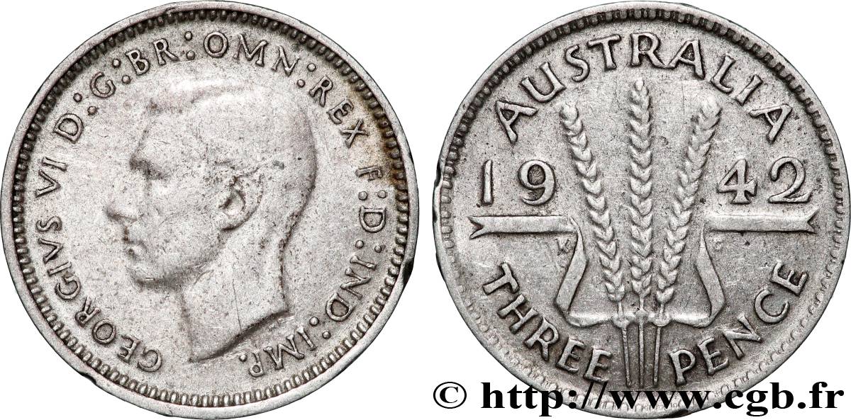AUSTRALIE 3 Pence Georges VI 1942 Melbourne TB+