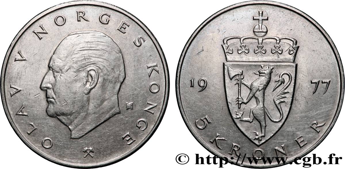 NORVÈGE 5 Kroner 100e anniversaire de la couronne norvégienne 1977 Konsberg TTB+