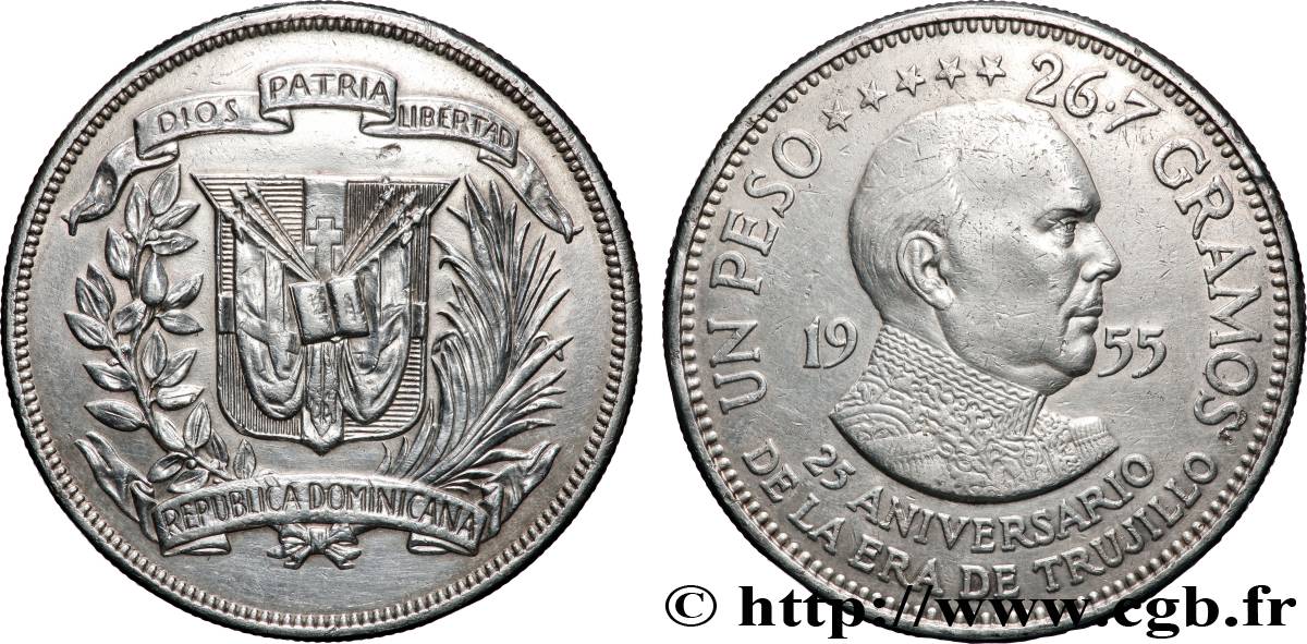 RÉPUBLIQUE DOMINICAINE 1 Peso 25e anniversaire de l’ère de Trujillo 1955 Philadelphie TTB+