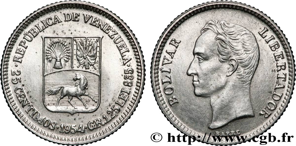 VENEZUELA 25 Centimos emblème / Simon Bolivar 1954 Philadelphie SUP