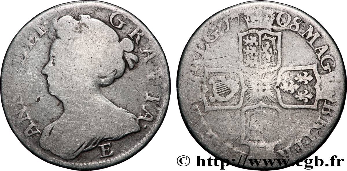 ROYAUME-UNI 1 Shilling reine Anne (3e buste) 1708 Edimbourg B
