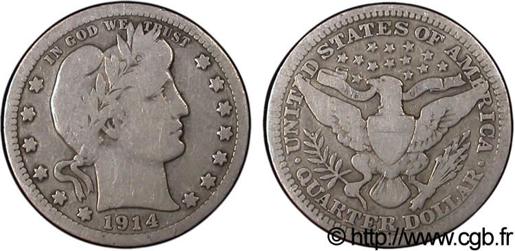 ÉTATS-UNIS D AMÉRIQUE 1/4 Dollar Barber 1914 Philadelphie TB 
