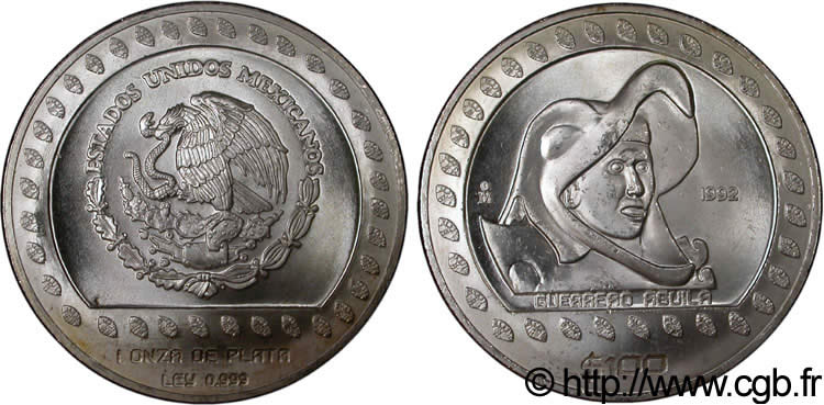 MEXIQUE 100 Pesos guerrier aztèque à tête d’aigle / aigle 1992 Mexico SUP 