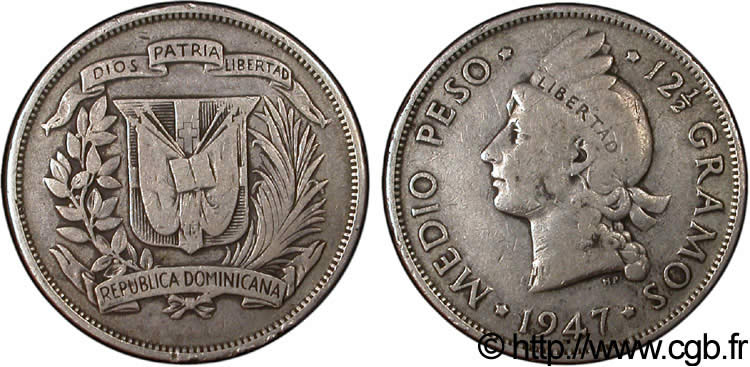 RÉPUBLIQUE DOMINICAINE 1/2 Peso princesse indigène /  armes 1947  TB 
