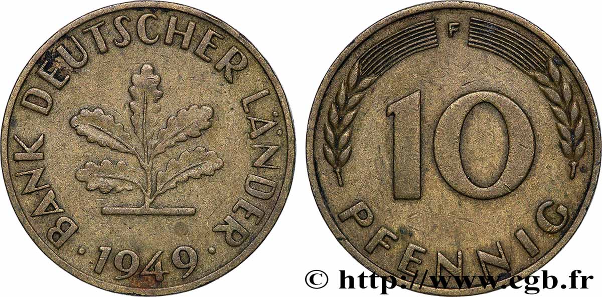 GERMANY 10 Pfennig “Bank deutscher Länder” 1949 Stuttgart - F XF