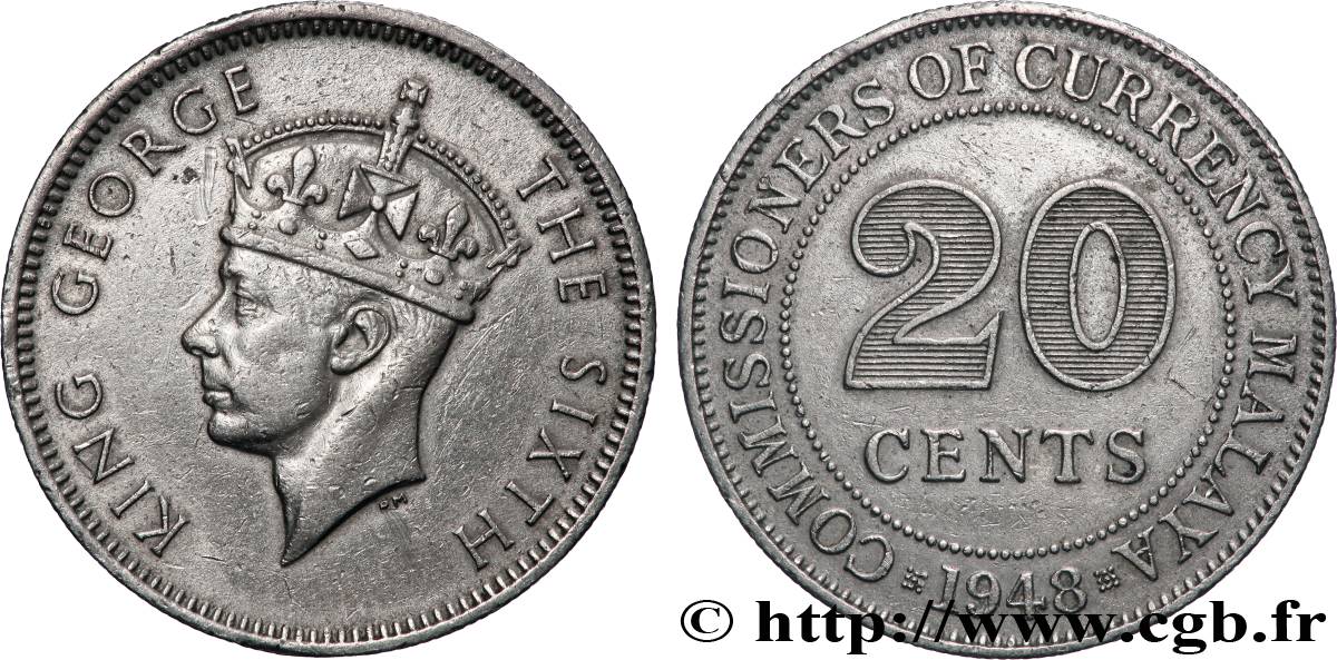 MALAISIE 20 Cents Commission Monétaire de Malaisie Georges VI 1948 Royal Mint Londres TTB+