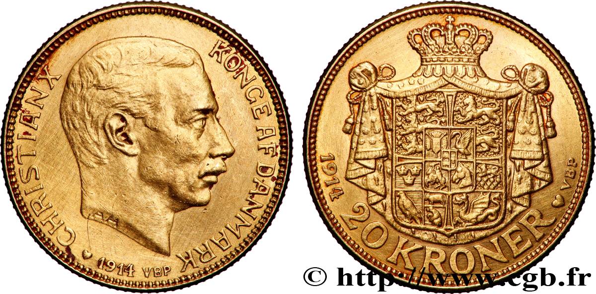 DANEMARK - ROYAUME DU DANEMARK - CHRISTIAN X 20 Kroner 1914 Copenhague TTB+