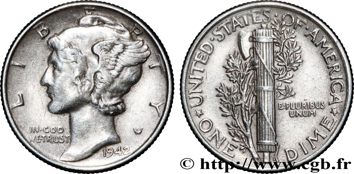 VEREINIGTE STAATEN VON AMERIKA 1 Dime Mercury 1942 Philadelphie SS