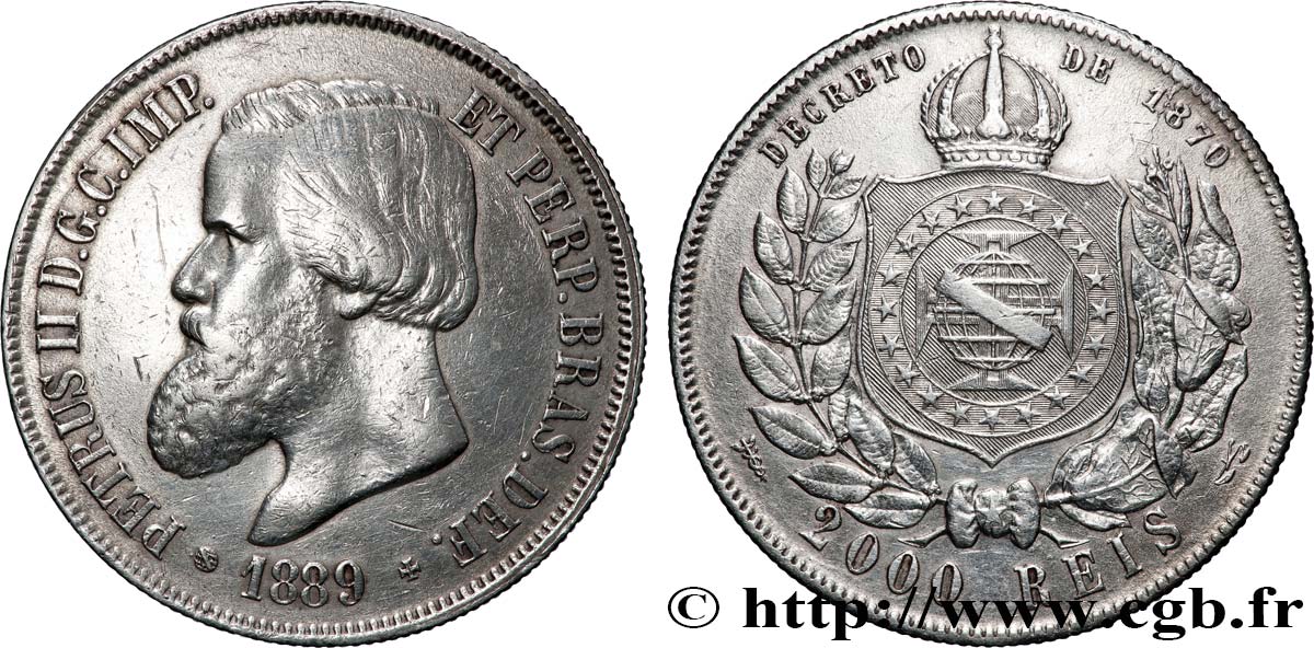 BRÉSIL - EMPIRE DU BRÉSIL - PIERRE II 2000 Reis Empereur 1889 Rio de Janeiro TTB