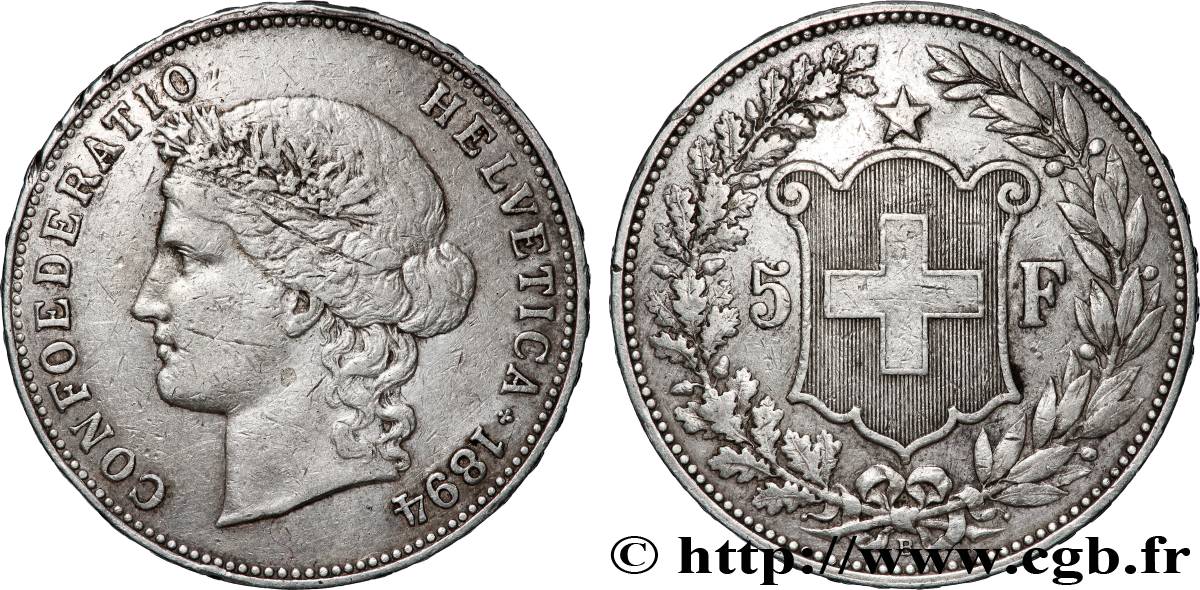 SUISSE 5 Francs Helvetia 1894 Berne TTB