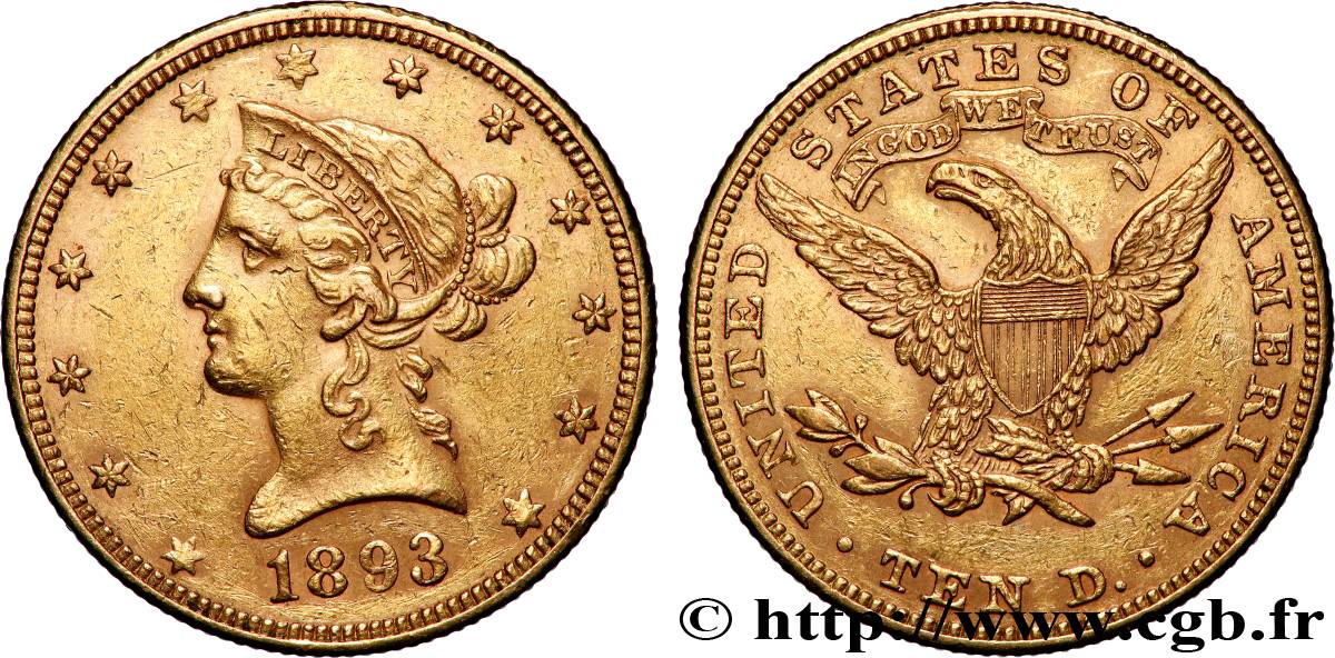 ORO, PALADIO Y PLATINO INVERSIÓN 10 Dollars Liberty 1893 Philadelphie MBC+