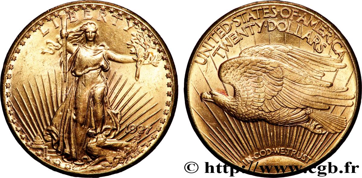 ORO, PALADIO Y PLATINO INVERSIÓN 20 Dollars Saint-Gaudens” 1927 Philadelphie MBC+
