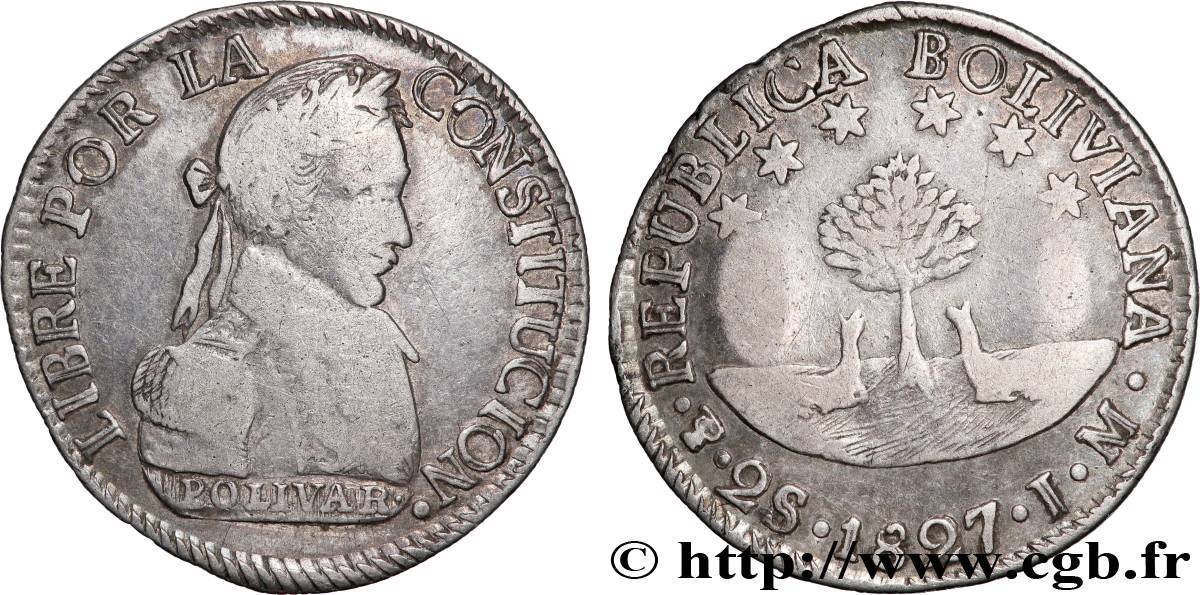 BOLIVIE 2 Soles Simon Bolivar 1830 Potosi TB+