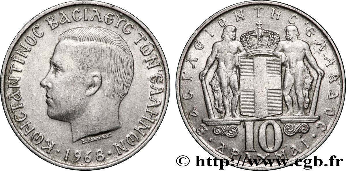 GRECIA 10 Drachmes Constantin II 1968 Athènes MBC+