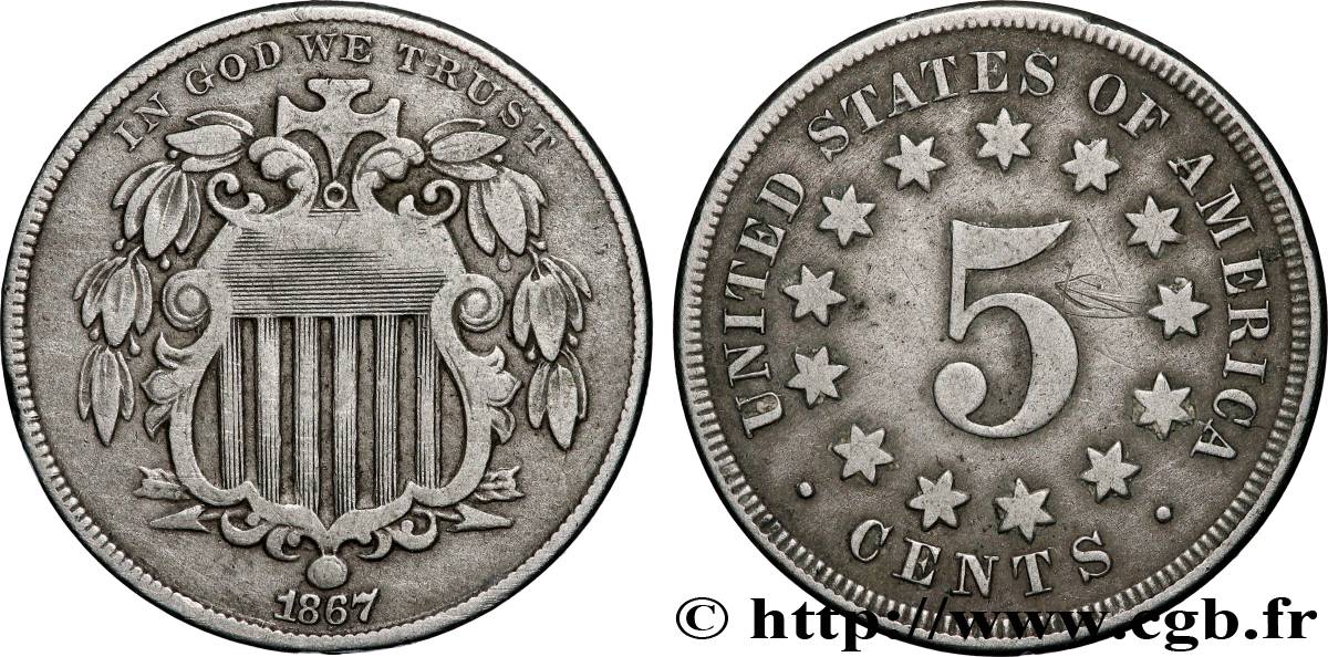 VEREINIGTE STAATEN VON AMERIKA 5 Cents bouclier variété sans rayons entre les étoiles 1867 Philadelphie fSS
