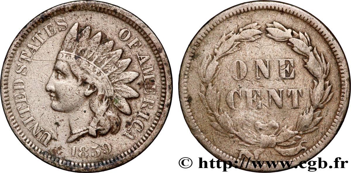 ÉTATS-UNIS D AMÉRIQUE 1 Cent tête d’indien 1859 Philadelphie TB+