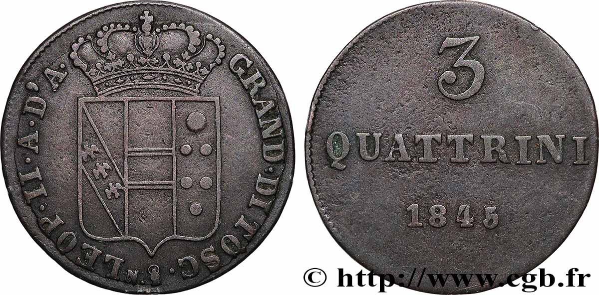ITALIA - GRANDUCATO DI TOSCANA - LEOPOLDO II 3 Quattrini 1845 Florence BB