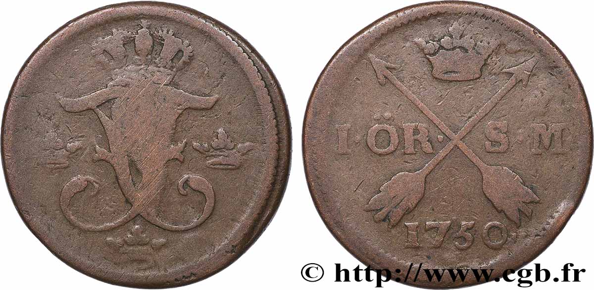 SWEDEN 1 Ore Frédéric Ier 1750 F