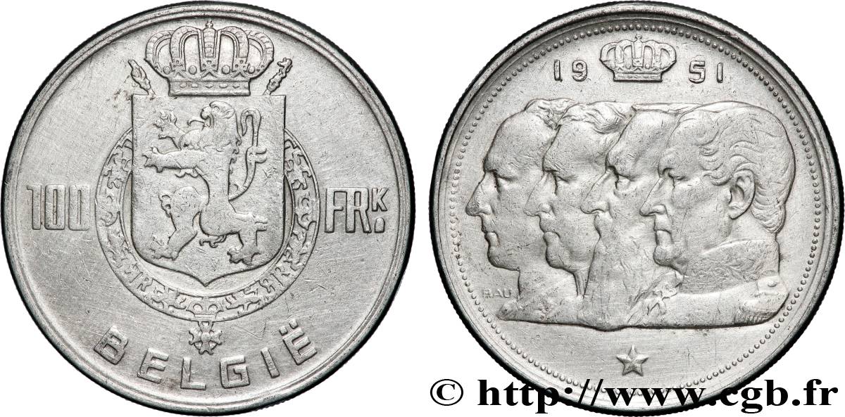 BELGIUM 100 Franken (Francs) Quatre rois de Belgique, légende flamande 1951 Bruxelles XF